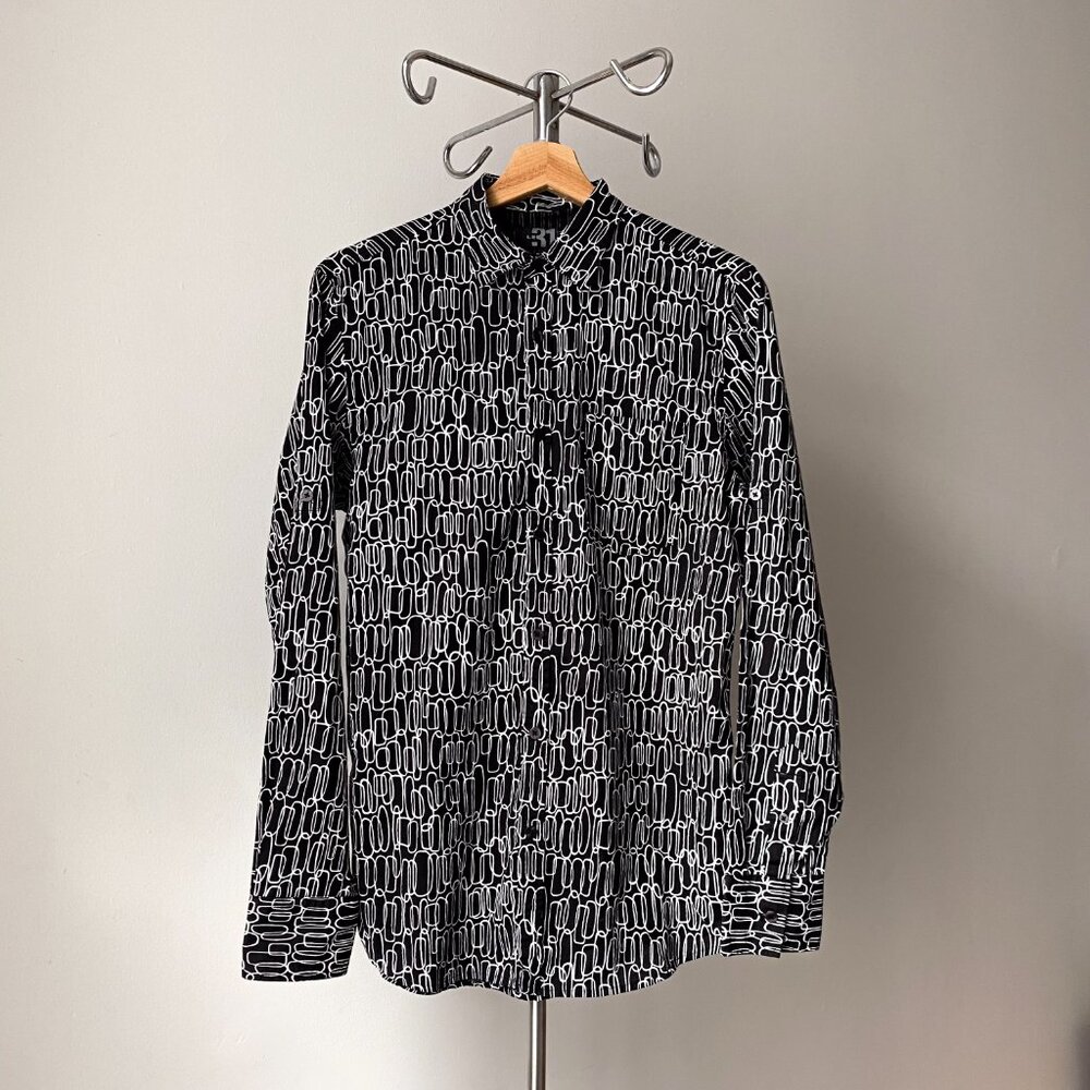 🌿 Black & White Geometric Print Semi Fitted Cotton Button Down Shirt by Le 31